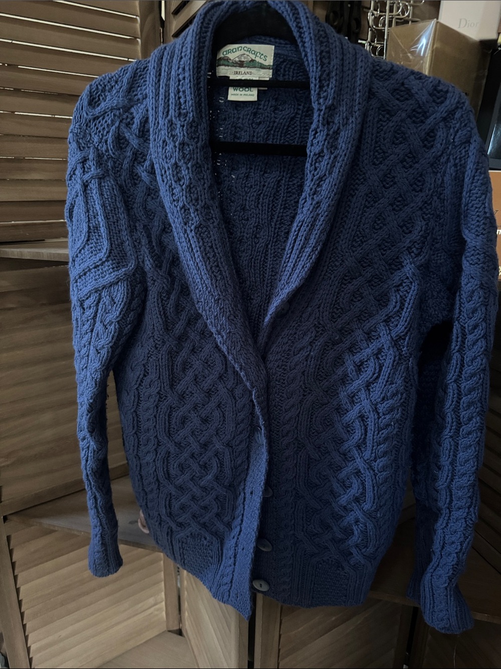 Aran Crafts Navy Cable-Pattern Shawl Collar Wool Cardigan